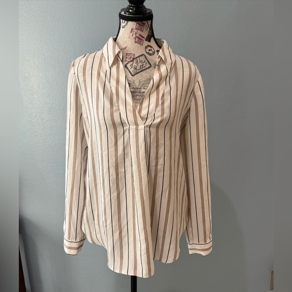 White House Black Market White and Brown Striped Blouse